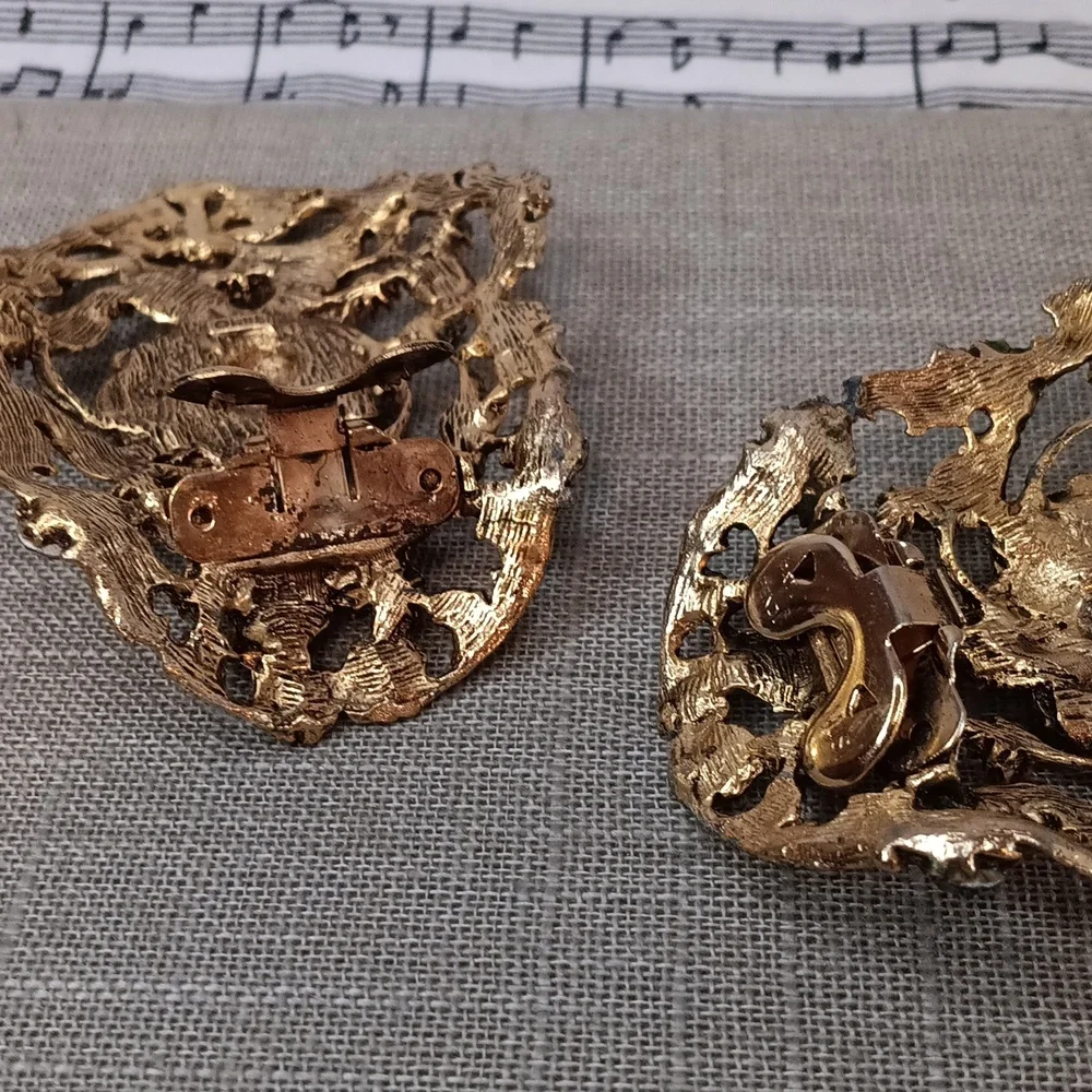 Vintage-Style Gold Floral Clip-On Earrings with Multi-Colored Rhinestones